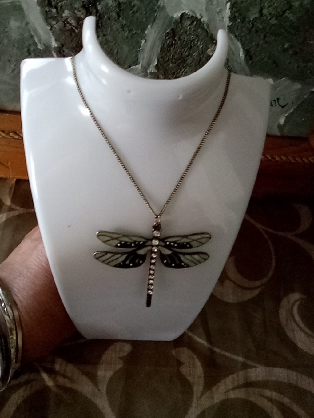 Dragonfly Pendant Necklace - Gold Tone with Black and Cream Wings